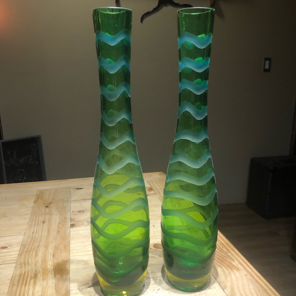 Green glass tall etched vases 16”